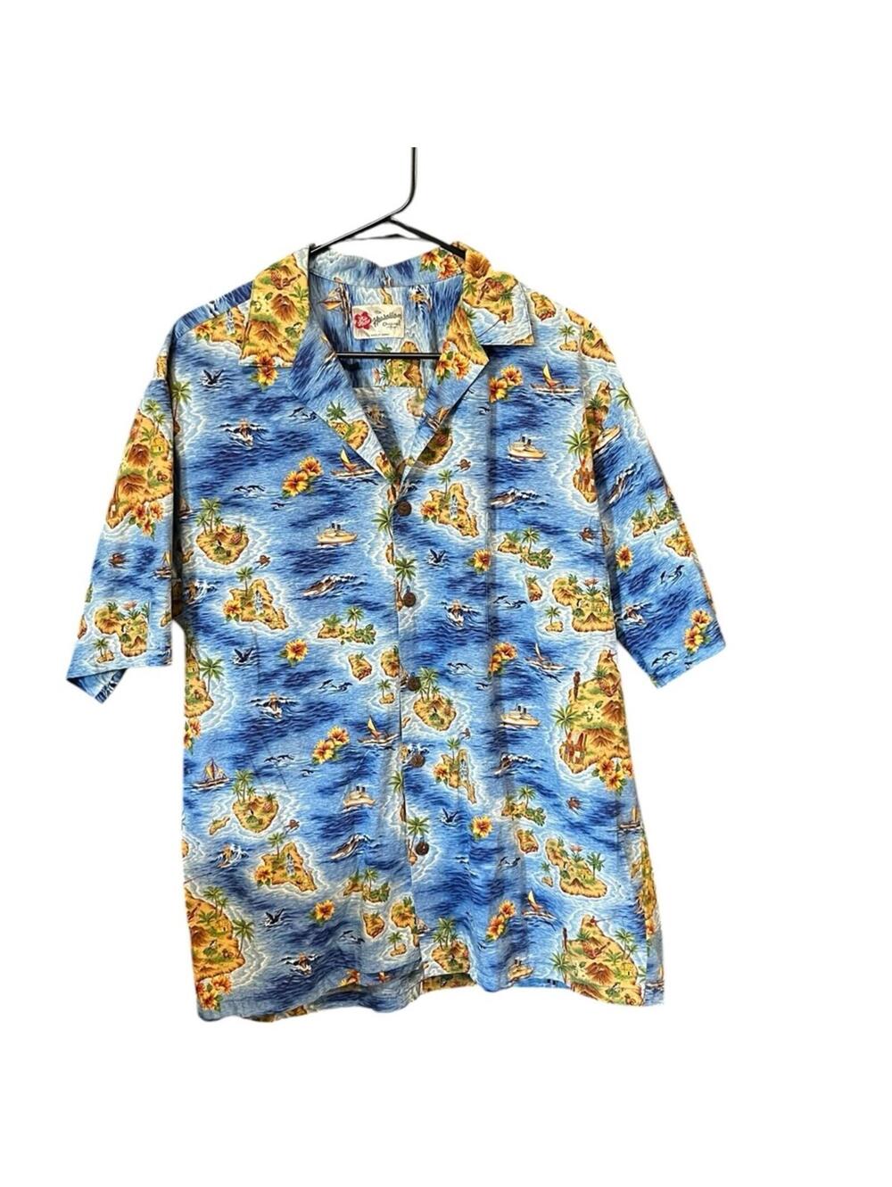 Hilo Hattie The Hawaiian Original Blue Island Print Aloha Shirt L Made in Hawaii